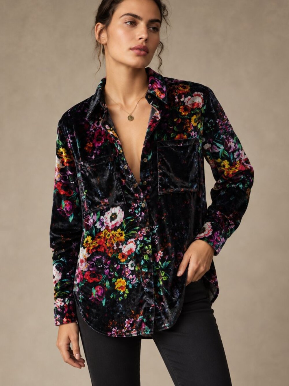 Anthropologie Pilcro Velvet Buttondown Long Sleeve Floral Size 2X